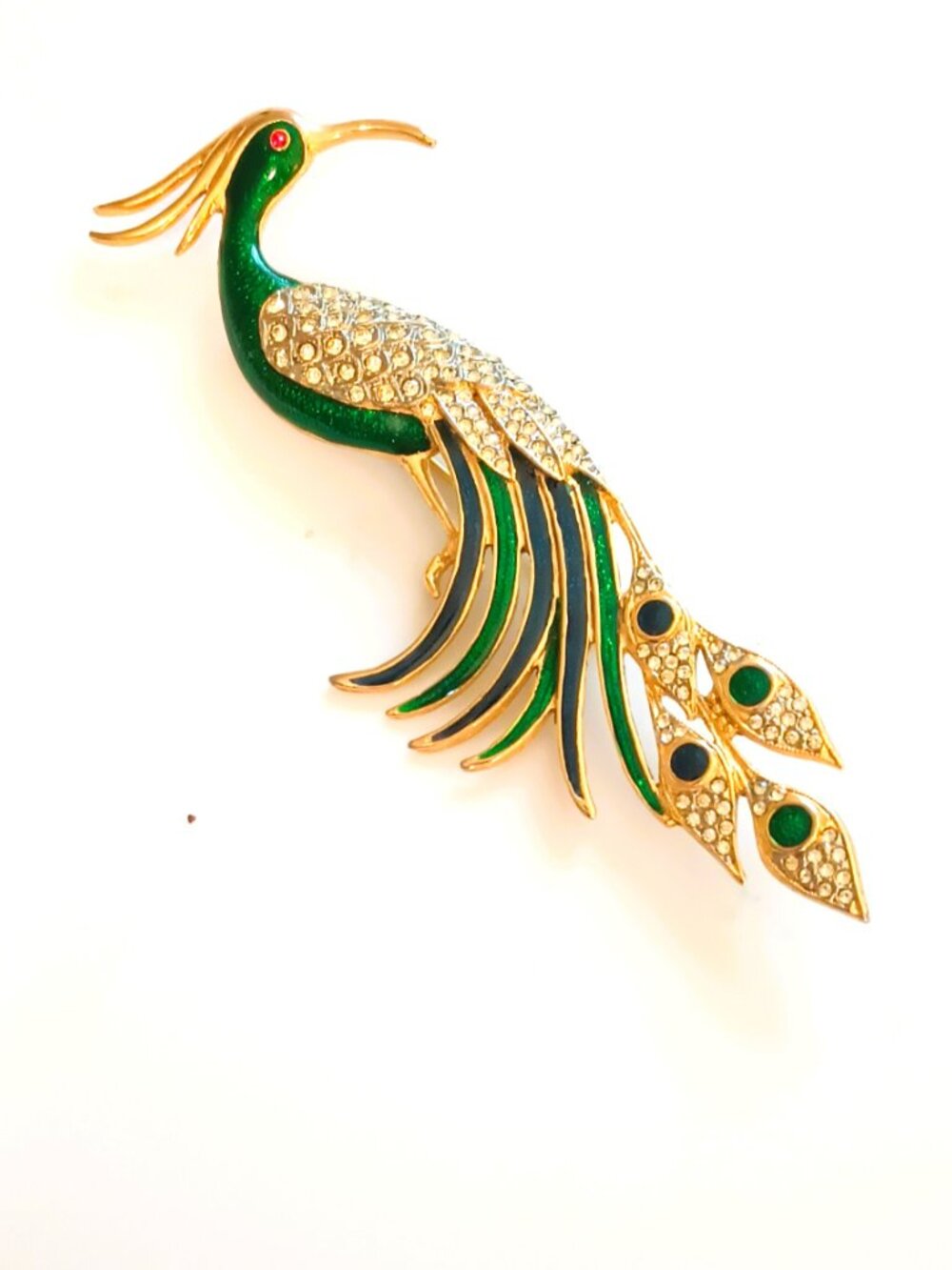 Enamel Pave' Peacock Statement Brooch Large Vtg Gold & Green Bird Pin Jewelry